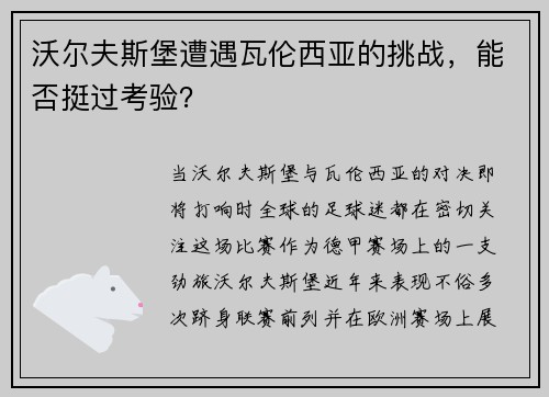 沃尔夫斯堡遭遇瓦伦西亚的挑战，能否挺过考验？